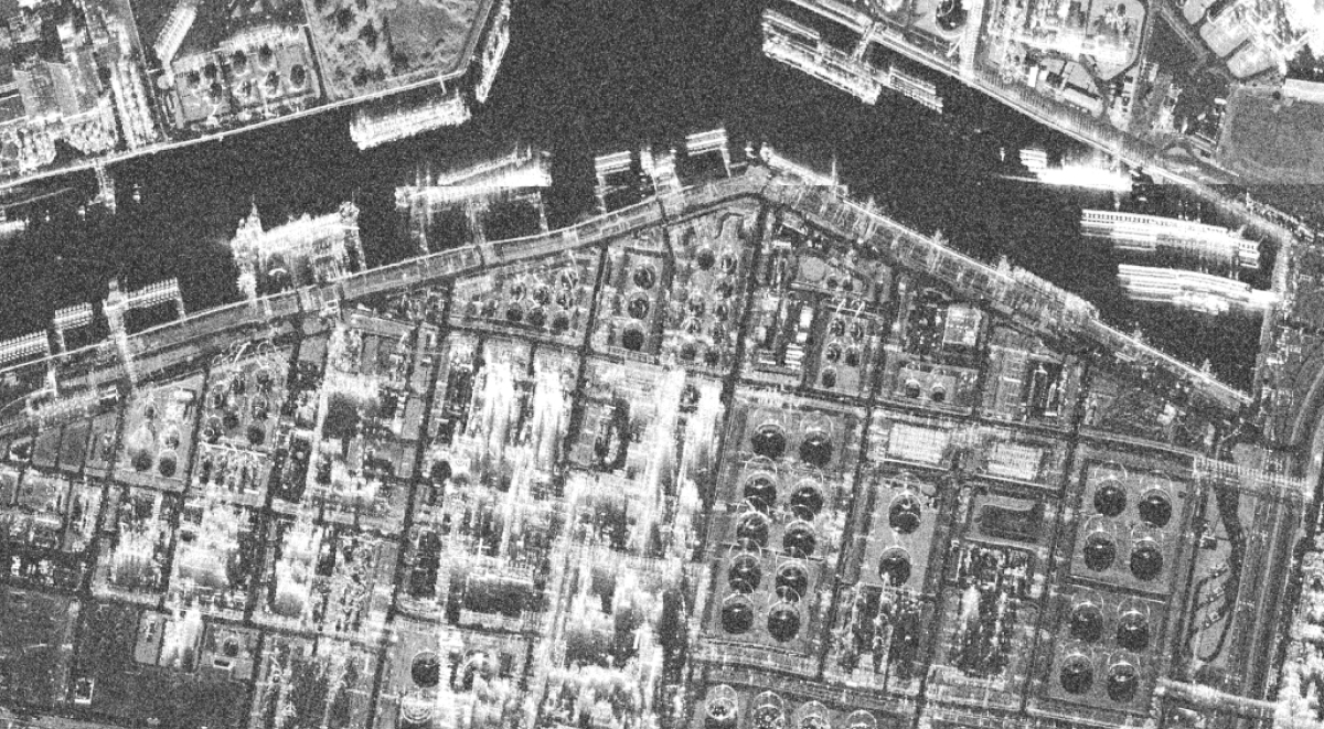 Black and white satellite image of a dock